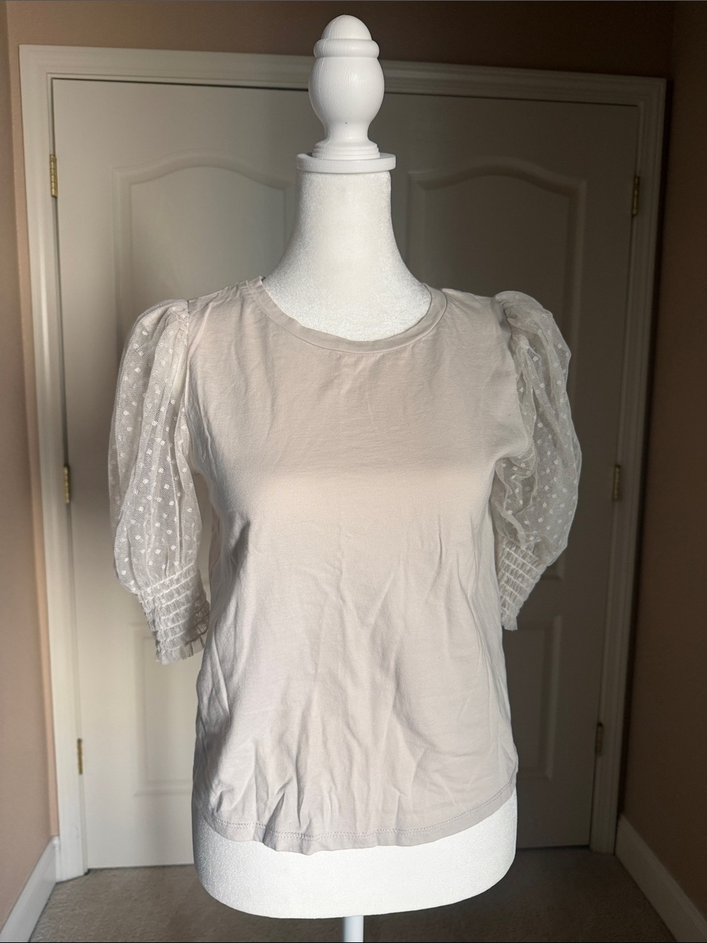 Zara Cream Puff-Sleeve Dot Blouse